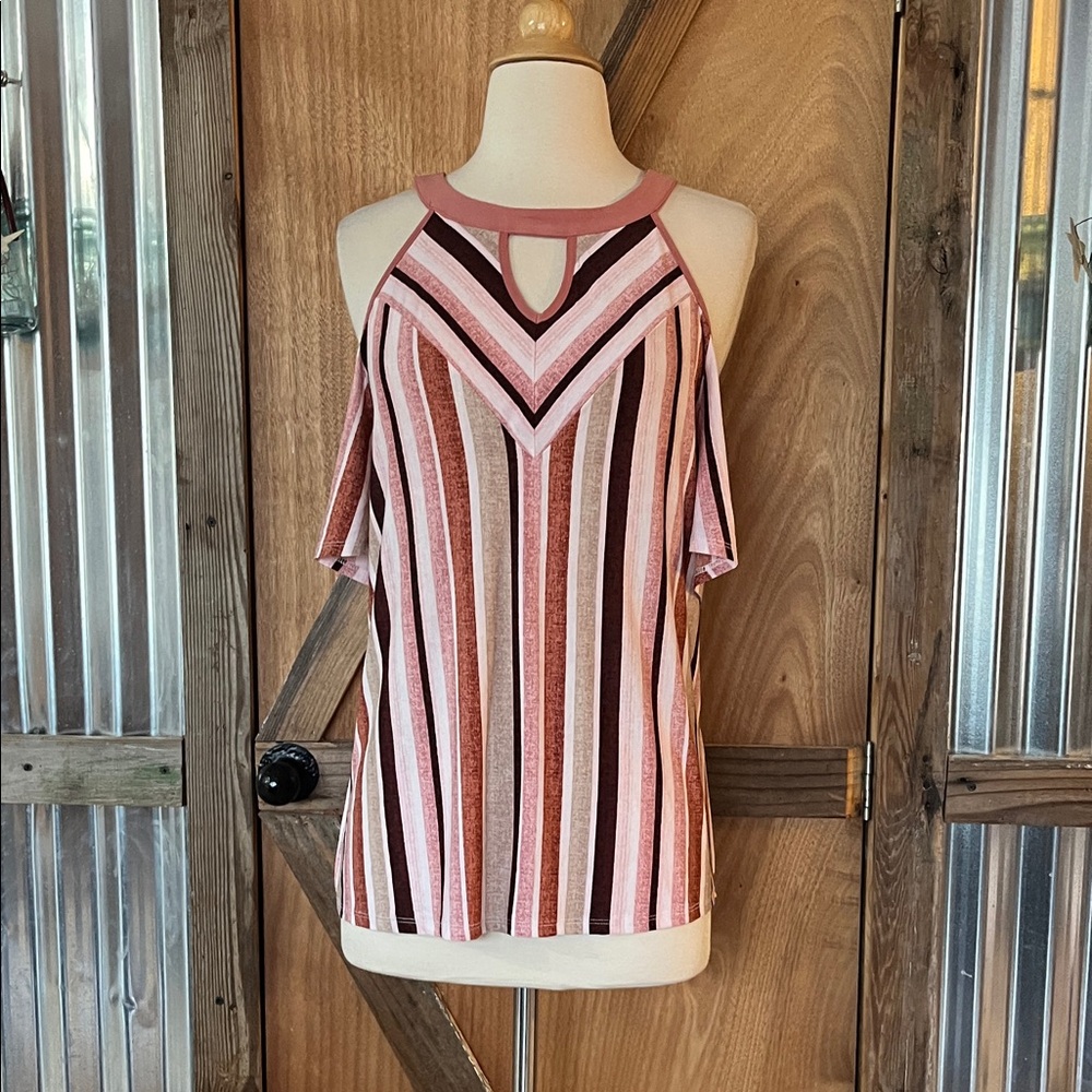 NAIF Striped Cold Shoulder Blouse - Pink and Brown S